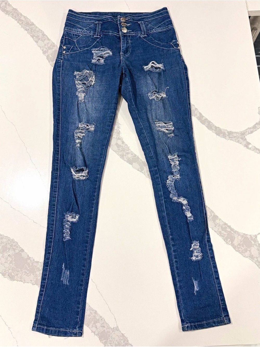 La Bonita Juniors Skinny Stretch Denim Jeans Distressed 5-Pocket Button Fly